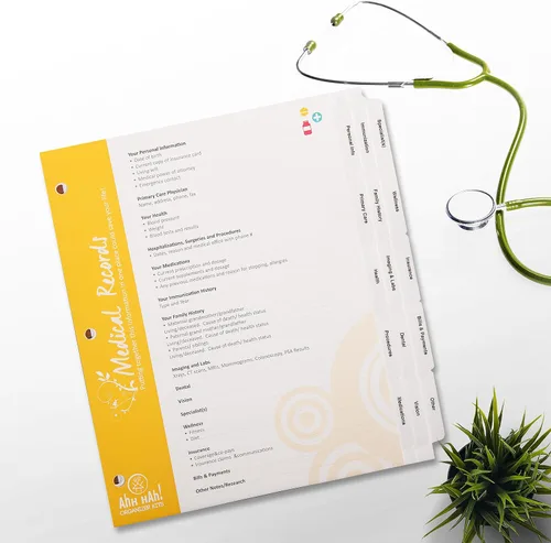 Vista 2 de Ahh Hah! Kit organizador para registros médicos, pestañas impresas profesionalmente para uso en una carpeta de tres anillas