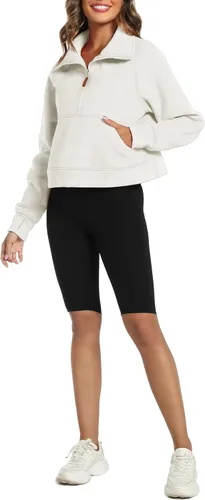Vista 5 de LaLaLa Women's Cropped Sweatshirt Half Zip Fleece Quarter Zipper Pullover Hoodies Fall Outfits Clothes with Thumb Hole
