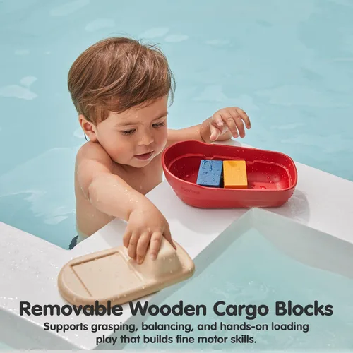 Vista 5 de PlanToys® Juguete de baño de barco de carga para niños pequeños Barco flotante con bloques de carga para jugar en el agua Juguete educativo