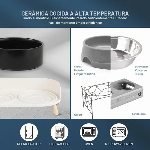 Vista 4 de Juego de Cuencos Elevados de Cerámica para Gatos - Platos Dobles Elevados para Alimentos y Agua - Soporte Antideslizante y Resistente a Salpicaduras