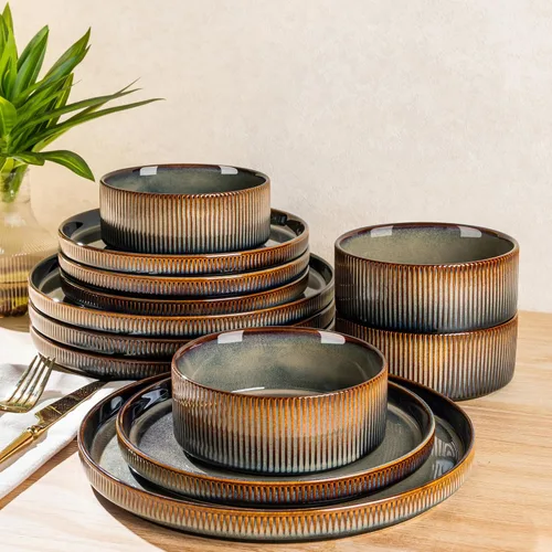 Vista 9 de TheTerra Juego de vajilla de cerámica para 4, juego de 12 platos y cuencos ligeros de porcelana, resistente a los arañazos, apto para horno