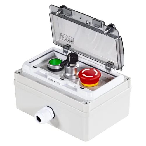 Vista 13 de Caja de botones con interruptor de parada de emergencia, botones de arranque/parada y rotativos (rojo/verde) Emergency Stop Button Red Green