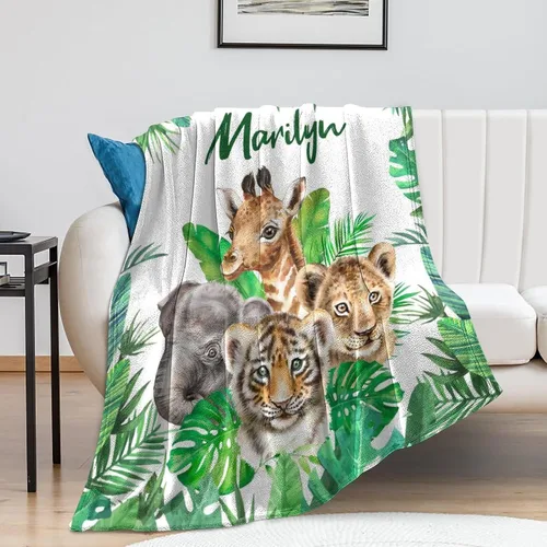 Vista 2 de Manta de bebé personalizada para niñas con nombre, manta de bebé personalizada con nombre de animales del bosque, manta de forro polar con nombre