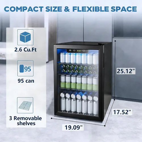 Vista 2 de Electactic Refrigerador de bebidas para 95 latas, mini refrigerador de 26 botellas, refrigerador de bebidas de 2.7 pies cúbicos, control de Negro