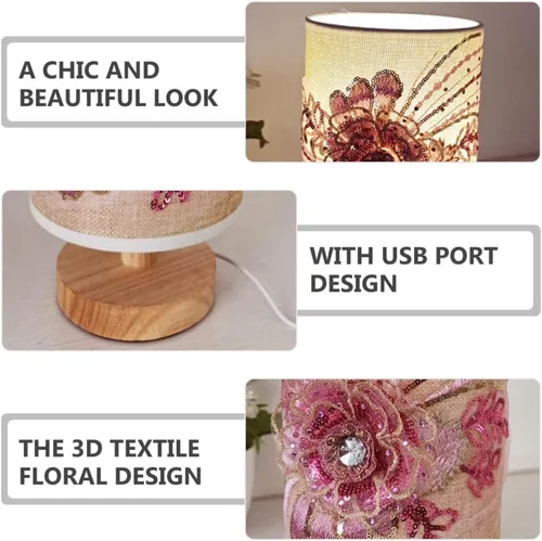 Vista 4 de OSALADI Lámpara de mesa de tela floral 3D, lámpara de escritorio elegante USB para dormitorio