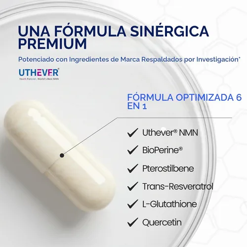 Vista 4 de BONE SCIENCE Uthever NMN & Pterostilbene Complejo 6 en 1 con resveratrol, glutatión y bioperina, precursor estabilizado de NAD+ de alta pureza