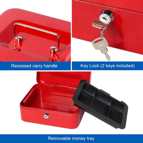 Vista 2 de Caja de dinero pequeña con bandeja de dinero y cerradura, caja de dinero de metal para efectivo, caja de seguridad de 7.87 x 6.3 x 3.54 pulgadas