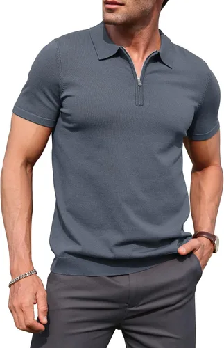 Vista 7 de RQP Camisas polo con cremallera para hombre, camisas casuales de punto de manga corta/larga, camisas de golf elásticas ajustadas, suéter suave