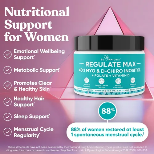 Vista 3 de Regulate MAX Myo-Inositol & D-Chiro Inositol Suplemento en polvo para mujeres con vitamina D y folato apoyo nutricional sin sabor, 60 porciones