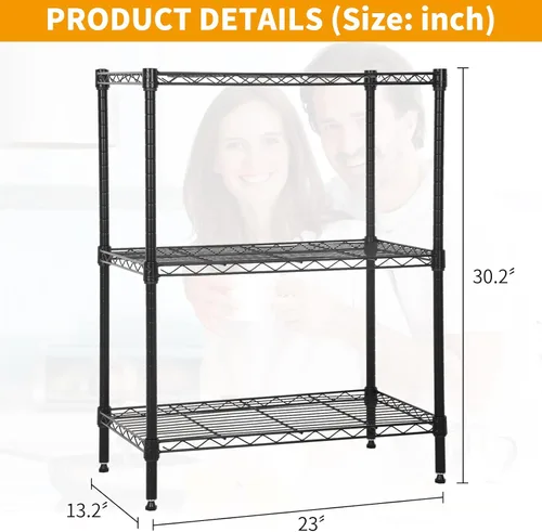 Vista 3 de Estantería de alambre ajustable de 3 niveles, estantes de metal con patas niveladoras, estante de almacenamiento para armario, cocina, baño, estante