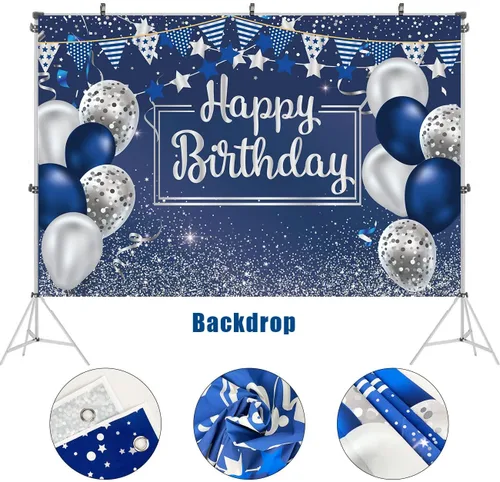 Vista 4 de Suministros para fiesta de cumpleaños de color azul marino y plateado para 25 invitados, incluye platos, tazas y servilletas, globos azul marino