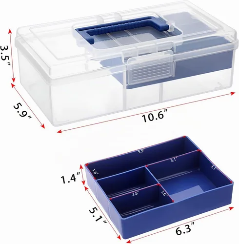 Vista 4 de BTSKY Caja de almacenamiento de plástico transparente con bandeja extraíble, caja de almacenamiento de artículos de papelería multiusos con asa Azul