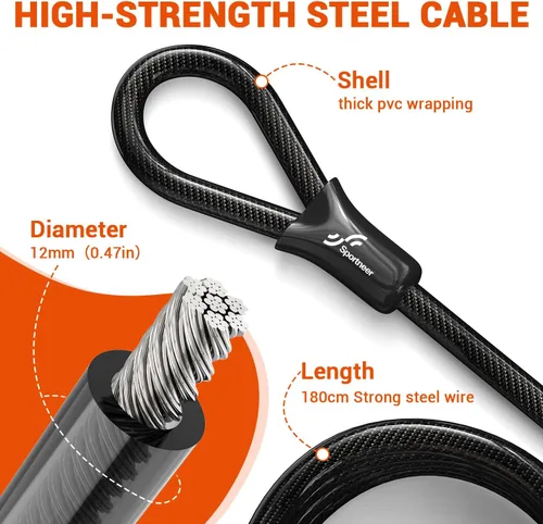 Vista 5 de Sportneer Candado para bicicleta: Candado en U resistente para bicicleta con cable de acero de seguridad de 1,8 m - grillete de 18 mm para bicicleta