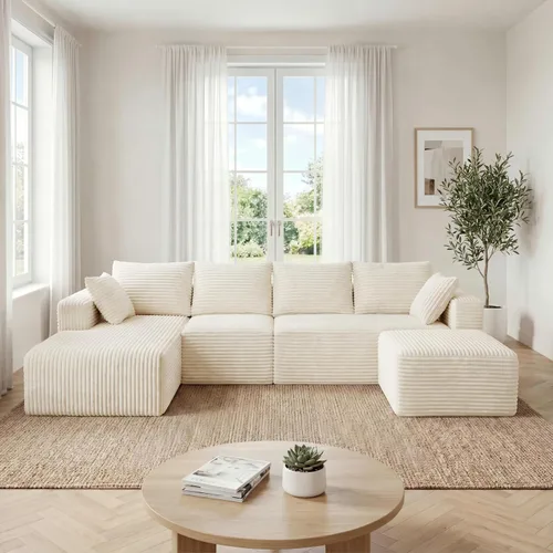 Vista 3 de Sofá otomano modular de pana de 28 pulgadas sin hueso, sofá otomano seccional para sala de estar, color beige