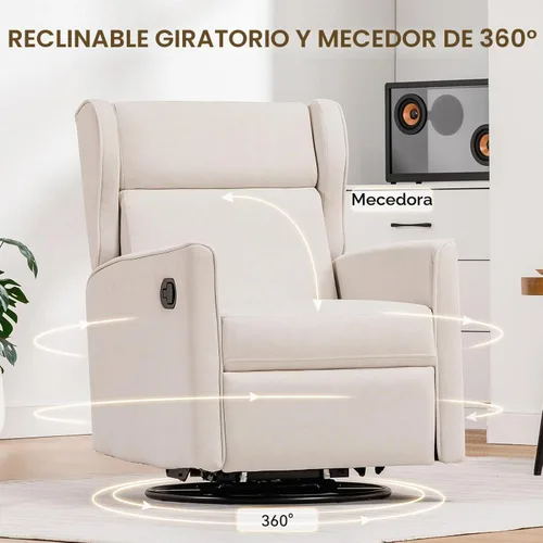 Vista 5 de COMHOMA - Silla mecedora tapizada en tela para cuarto de bebé, giratoria, reclinable, manual, para sala de estar, dormitorio u oficinas (marfil)