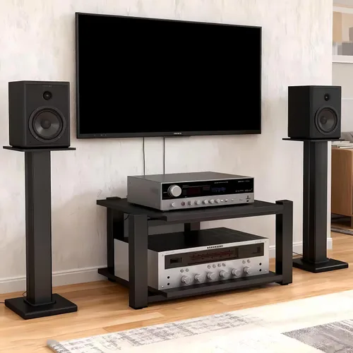 Vista 8 de Av - Estante de audio resistente, soporte para reproductor multimedia con estantes de madera, gabinete de equipo estéreo de CD negro, adecuado