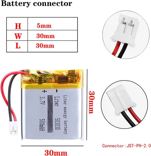 Vista 2 de Liter 503030 Lipo batería recargable de polímero de litio de 3,7 V 500 mAh con conector JST PH de 0.079 in
