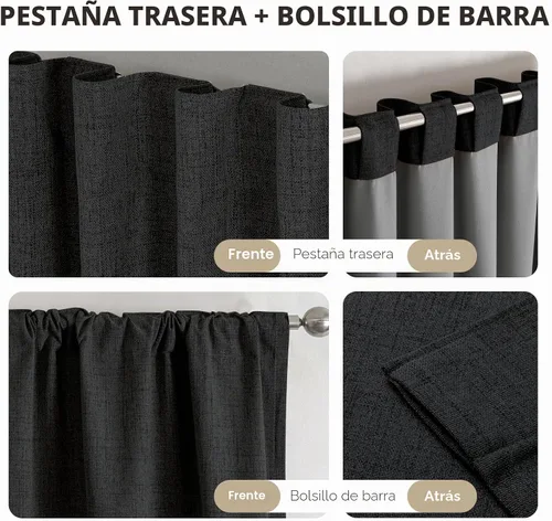 Vista 6 de Joydeco - Cortinas 100% opacas, 2 paneles de lino natural para oscurecer habitación, aislamiento térmico, trabillas traseras y bolsillo para barra