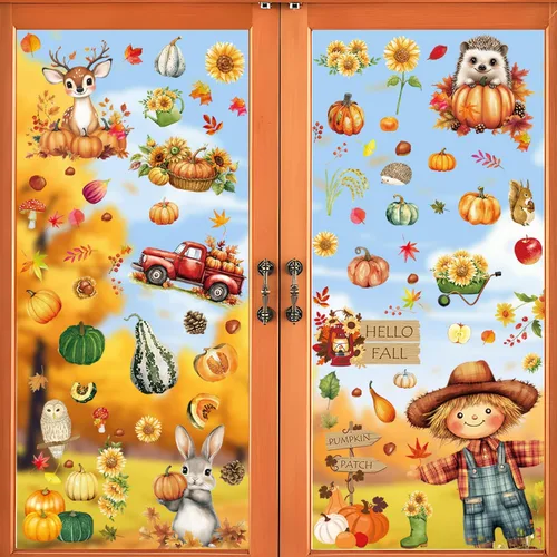 Vista 8 de 174 calcomanías de hojas de otoño para ventana, 9 hojas de arce, conos de pino, calcomanías estáticas de ventana para el día de Acción de Gracias