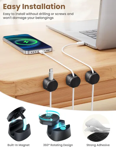 Vista 5 de Kanemc Clips de cable para escritorio, organizador magnético de alambre giratorio de 360°, gestión de cables autoadhesivos para escritorios