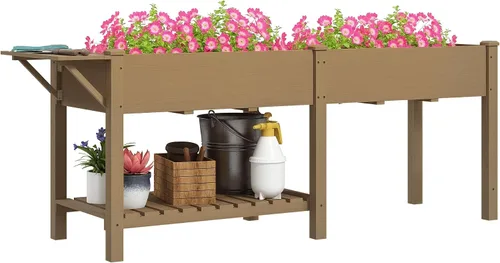 Vista 13 de Outsunny - Jardinera elevada de madera con estante de almacenamiento, orificios de drenaje y forro para el patio trasero, la terraza, el balcón, 47