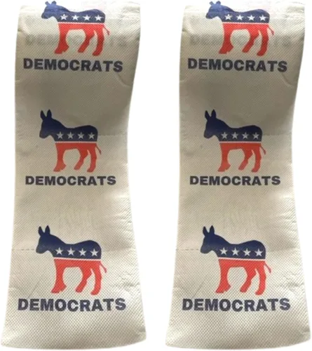 Vista 2 de Pesky Patriot Rollos de papel higiénico del partido antidemócrata, paquete de 2 unidades, divertido regalo de burro demócrata impreso