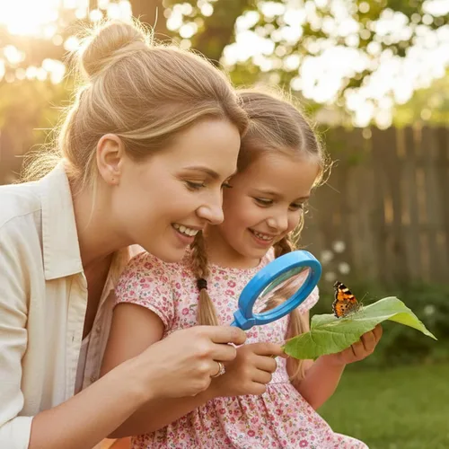 Vista 4 de Lupa de mano para niños con soporte, lupa de lectura para juegos de exploración, juguete para niños de 3 años en adelante, lupa de aumento 5X (azul)