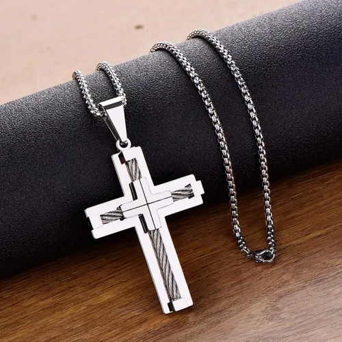 Vista 4 de YL Collar de cruz para hombre de acero inoxidable 316L con dije grande de Jesucristo blancooronegro para joyería Rolo de 20 pulgadas, 22 pulgadas