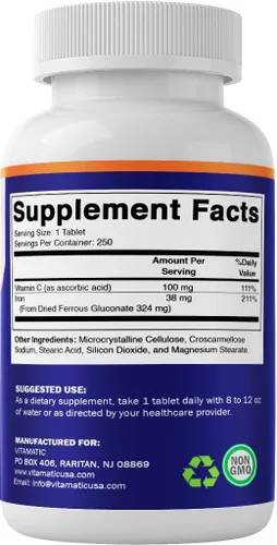 Vista 8 de Vitamatic Gluconato ferroso 324 mg + vitamina C 100 mg – Sin aditivos de color artificial – Suave para el estómago – 250 tabletas recubiertas