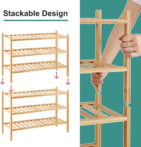 Vista 4 de viewcare Zapatero de bambú de 9 niveles para entrada, apilable Plegable Natural, zapateros independientes para pasillo armario