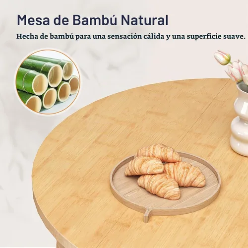 Vista 6 de HOOBRO Mesa de comedor de bambú, mesa de comedor redonda para 4, mesa de cocina de 35.4 pulgadas para espacio pequeño, fácil de montar, ahorro