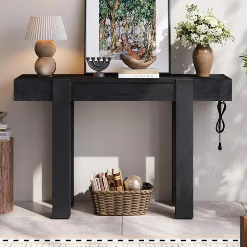 Vista 3 de Mesa de consola de entrada, sofá largo estrecho para pasillo, mesa de vestíbulo detrás del sofá, retro con cajón oculto, toma de corriente lateral