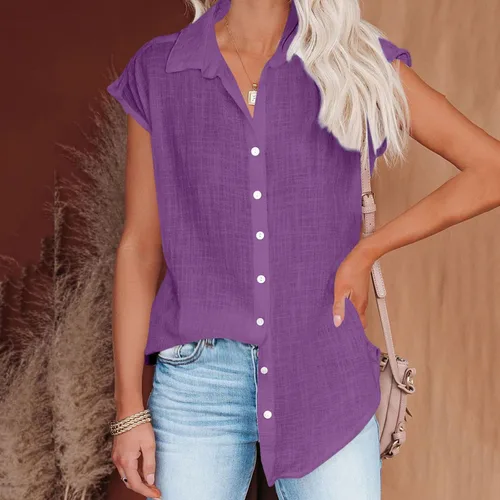 Vista 6 de amidoa Linen Shirts for Women Casual Cap Sleeve Collared Summer Shirts Solid Color Loose Baggy Button Down Shirts for Work
