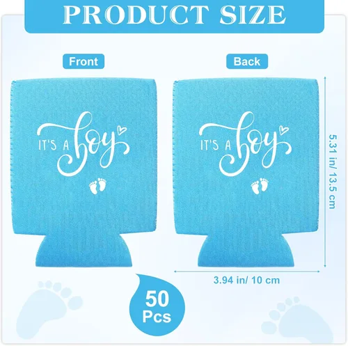 Vista 2 de Mifoci 50 piezas de decoración de baby shower, mangas de cerveza para revelación de género, fundas de cerveza para revelación de género, fundas