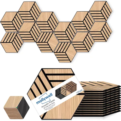 Vista 12 de Mollywell Paneles acústicos, grano de madera de PVC, azulejos de pared tallados en hexágono a prueba de sonido, fieltro autoadhesivo de alta