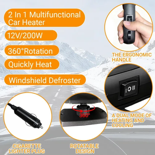 Vista 2 de Calentador y ventilador de coche de 12 V 200 W, descongelador portátil de modo dual, giratorio de 360° para desempañar el parabrisas del calentador