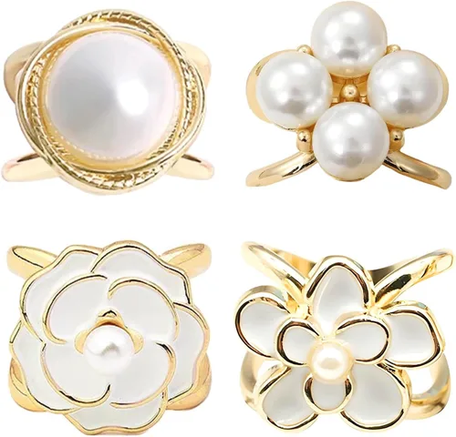 Vista 61 de 4 piezas de clip de anillo de bufanda para mujer, broche de perlas y flores, hebilla de metal para chal, accesorios de decoración para damas y niñas
