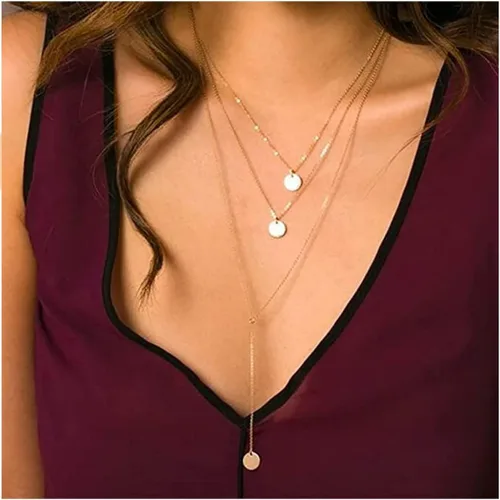 Vista 3 de Fdesigner Collar largo en capas de moda con colgante de moneda, collares de cadena con dije, joyería para mujeres y niñas (dorado)