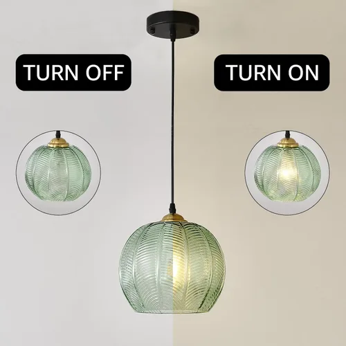Vista 5 de Lámpara Colgante de Cristal Verde, Iluminación Colgante de Globo Grande Individual de 9.8 Pulgadas Nórdica Acanalada para Techo Colgante, Lámpara