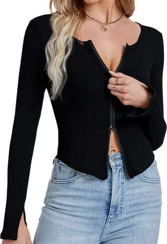 Vista 5 de LYANER Camiseta de manga larga con cuello en V profundo y cremallera frontal con abertura frontal para mujer
