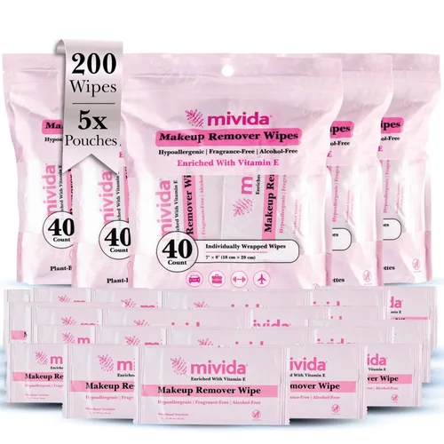 Vista 9 de mivida 40 toallitas de maquillaje hipoalergénicas envueltas individualmente con vitamina E Toallitas faciales probadas por dermatólogos, sin