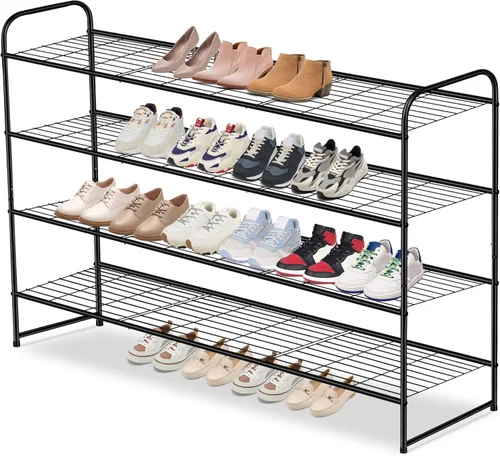 Vista 13 de AOODA Zapatero largo de 2 niveles para armario, organizador de almacenamiento de zapatos apilable de metal para entrada, dormitorio, piso, 18 pares