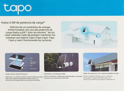 Vista 2 de Tapo Panel solar A200, (compatible con MagCam C425, C420 y C400), potencia de carga de larga duración con células solares de alta eficiencia, IP65