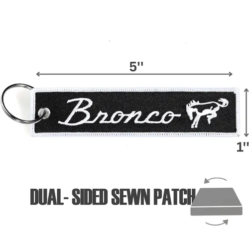 Vista 2 de Detroit Shirt Company Llavero bordado con logotipo de Ford Bronco 5" x 1" logos delanteros y traseros, Negro