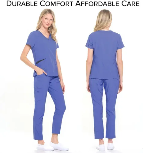 Vista 2 de Dagacci Medical Uniform Conjunto de ropa quirúrgica para mujer en 4 direcciones, red de contraste dividido y bolsillo