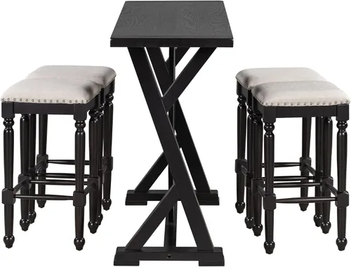 Vista 4 de Mid-Century - Juego de comedor de 5 piezas, altura de mostrador, mesa consola de madera con patas de caballete y 4 taburetes para lugares pequeños