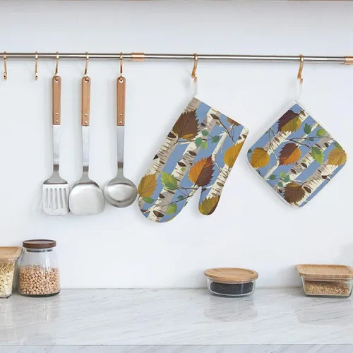 Vista 6 de Birch Leaves Oven Mitts and Pot Holders Set Kitchen Oven Glove Cooking Mitts with Hanging Loop Heat Resistant Potholder Set for Chef Baking Cooking