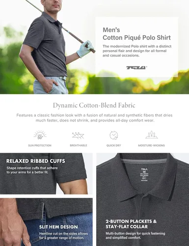 Vista 6 de TSLA Camisas polo de piqué de algodón para hombre, ajuste clásico, manga corta, lisas, casuales, de rendimiento, elástica, para golf