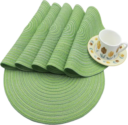 Vista 4 de Juego de 6 manteles individuales redondos trenzados, lavables, antideslizantes, para cocina, comedor, 15 pulgadas, resistentes al calor, tela Beige