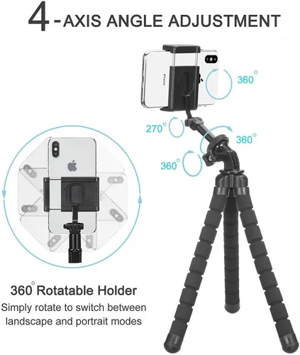 Vista 2 de Trípode para teléfono, trípode flexible, ajuste de ángulo mejorado de 4 ejes, soporte giratorio único de 360°, patas resistentes estilo pulpo